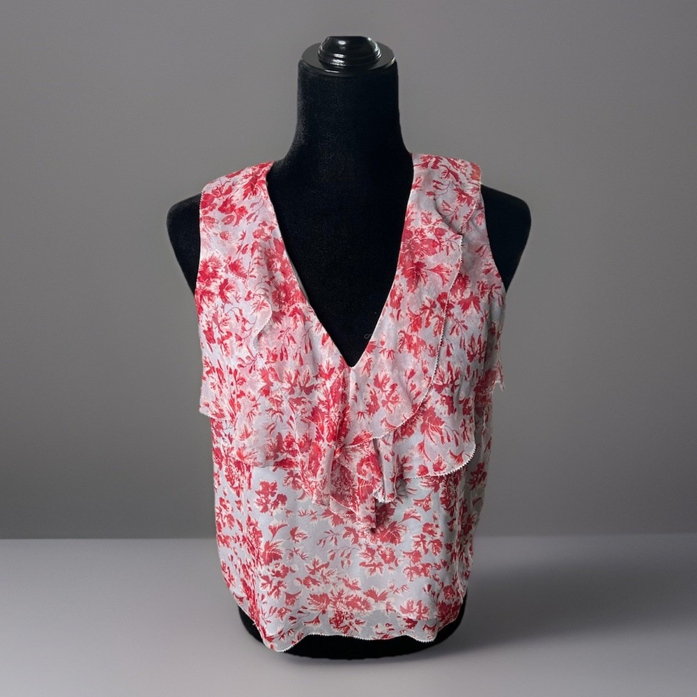 Intermix Red White Floral Silk Ruffle Sleeveless Blouse Top Size Small